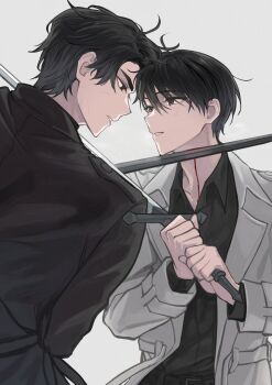 Rule 34 | 2boys, absurdres, black coat, black eyes, black hair, black shirt, bleeding, blood, coat, collared shirt, forehead-to-forehead, heads together, highres, holding, holding sword, holding weapon, keomikan, kim dokja, looking at another, male focus, multiple boys, omniscient reader's viewpoint, open clothes, open coat, popped collar, serious, shirt, short hair, sweatdrop, sword, sword to throat, weapon, white coat, yoo joonghyuk