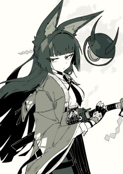 1girl animal_ear_fluff animal_ears black_gloves black_hair black_necktie black_skirt blunt_bangs breasts closed_mouth commentary_request fingerless_gloves fox_ears fox_girl from_side gloves greyscale half-closed_eyes high-waist_skirt highres holding holding_sword holding_weapon hoshimi_miyabi jacket katana long_hair long_skirt looking_to_the_side medium_breasts monochrome necktie sheath shirt simple_background single_fingerless_glove skirt sword tailless_(zenless_zone_zero) weapon white_background white_shirt zenless_zone_zero zyanomiz