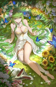 1girl absurdres barefoot bracelet breasts bug butterfly c.c. code_geass dress flower green_hair hair_between_eyes hair_flower hair_ornament hair_spread_out high_heels highres insect jewelry long_hair on_grass pumps qinyi_chinyi signature single_bare_leg single_thighhigh sleeveless sleeveless_dress solo strapless strapless_dress thighhighs white_dress white_thighhighs