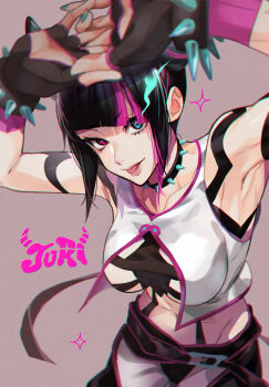1girl armpits arms_up black_gloves black_hair bracelet breasts choker commentary_request eyelashes gloves han_juri heterochromia highres jewelry large_breasts looking_at_viewer midriff multicolored_hair pants pink_background shirt solo spiked_bracelet spiked_choker spikes streaked_hair street_fighter tantan_notan tongue tongue_out white_shirt