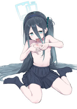 1girl aris_(blue_archive) black_hair black_socks blue_archive blue_eyes blush breasts breasts_squeezed_together hair_between_eyes hair_ribbon hairband halo healthyman highres loli long_hair looking_at_viewer navel pleated_skirt rectangular_halo ribbon simple_background sitting skirt small_breasts socks solo striped tongue tongue_out topless_female vertical_stripes very_long_hair wariza white_background