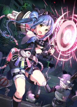 1girl :d bad_id bad_pixiv_id bandaged_head bandaged_leg bandages bikini bikini_top_only black_bikini black_jacket blue_hair blush breasts brown_eyes cable damaged dutch_angle energy_cannon fang female_focus glowing hair_bun heart holding indoors jacket long_sleeves medium_breasts no_entry_sign open_mouth original pinb plug railing road_sign robot side_bun side_ponytail sign single_hair_bun single_side_bun smile solo standing standing_on_one_leg swimsuit vial