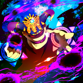 attack belt belt_buckle belt_collar blue_background blue_horns buckle cape collar commentary_request covered_mouth crown darkness disembodied_hand gleam gloves highres horns kirby_(series) large_horns looking_at_viewer magic magolor master_crown multicolored_horns nintendo no_humans outstretched_arm purple_belt purple_horns rayman_limbs red_cape red_eyes scarf shirushiki solid_eyes solo space traitor_magolor two-tone_horns v-shaped_eyes white_gloves white_scarf yellow_headwear
