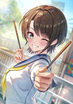1girl alternate_costume blue_eyes blue_sailor_collar brown_hair closed_mouth food highres holding holding_food holding_pocky hololive looking_at_viewer madopen neckerchief one_eye_closed oozora_subaru outdoors pocky sailor_collar school_uniform shirt smile solo virtual_youtuber white_shirt yellow_neckerchief