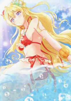 Rule 34 | 1girl, battle spirits, bikini, blonde hair, blue eyes, blue sky, cloud, cloudy sky, commentary request, flower, from below, hair flower, hair ornament, hair rings, highres, light particles, long hair, ocean, outdoors, red bikini, rei ooba, sky, solo, sparkle, swimsuit, wading, yuzukki ns69