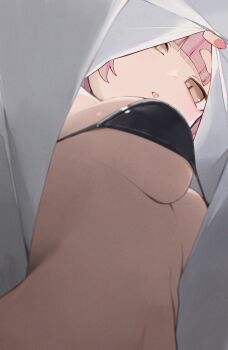 1girl :p bikini black_bikini breasts brown_eyes clothes_lift commentary highres hiroki_(yyqw7151) lifting_own_clothes looking_at_viewer medium_breasts original pink_hair shirt shirt_lift solo swimsuit tongue tongue_out upshirt white_shirt