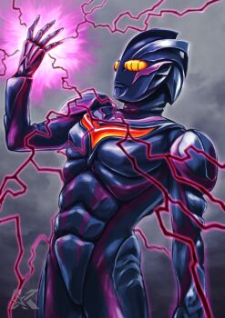 1boy absurdres alien armor artist_logo black_skin breastplate cloud color_timer colored_skin commentary compound_eyes cowboy_shot crackling_energy dark_cloud dark_zagi doppelganger dorsal_fin energy facial_mark full_armor giant glowing glowing_eyes glowing_hand hand_up highres kazuzu-art legs_together logo looking_ahead male_focus multicolored_skin open_hand outdoors overcast pectorals powering_up red_eyes red_skin shoulder_armor shoulder_pads sky solo spread_fingers standing tokusatsu toned toned_male tsuburaya_productions two-tone_skin ultra_series ultraman_nexus_(series) wrinkled_skin