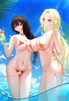 2girls bikini bird blonde_hair blue_eyes braid breasts brown_hair cleavage commentary commission cup drinking_glass eeyoosekedooaat english_commentary from_side highres holding holding_cup large_breasts long_hair looking_at_viewer multiple_girls navel o-ring o-ring_bikini orange_bikini original outdoors partially_underwater_shot red_bikini red_eyes single_braid summer swimsuit very_long_hair vgen_commission water white_bikini white_bird