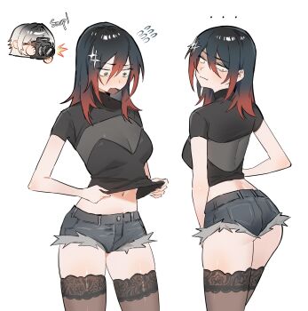 2girls ass black_hair black_shirt black_thighhighs breasts commentary gradient_hair hair_ornament highres long_hair multicolored_hair multiple_girls multiple_views navel open_mouth original pout red_hair shirt short_shorts shorts shouz simple_background taking_picture thighhighs white_background white_hair