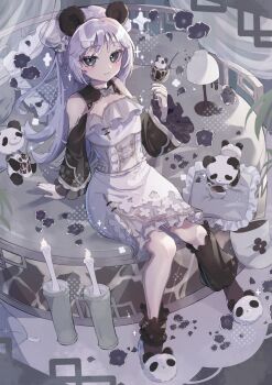 1girl animal_ears animal_slippers bare_shoulders bear_ears bear_girl black_socks blush candle closed_mouth commentary cup dress full_body green_eyes highres holding holding_cup long_hair long_sleeves original panda panda_slippers sitting slippers socks solo sparkle symbol-only_commentary tsukumi_bis white_dress white_hair white_slippers wide_sleeves