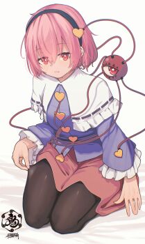 1girl absurdres adapted_costume black_hairband black_pantyhose blue_shirt bright_pupils buttons capelet clothes_pull commentary_request dot_nose eyeball fingernails frilled_capelet frills full_body hair_between_eyes hairband heart_button highres komeiji_satori light_blush long_sleeves looking_at_viewer lower_teeth_only on_bed pantyhose pantyhose_pull parted_lips pink_eyes pink_hair pink_skirt red_eyes see-through_clothes seiza senzaicha_kasukadoki shirt short_hair simple_background sitting skirt solo teeth third_eye touhou white_background white_capelet white_pupils wide_sleeves
