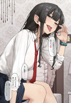 Rule 34 | 1girl, black hair, black skirt, breasts, brown eyes, collared shirt, commentary request, dress shirt, eyes visible through hair, fellatio gesture, flower, frilled pillow, frills, green scrunchie, hair flower, hair ornament, hand up, heart, highres, indoors, large breasts, leaning forward, looking at viewer, necktie, on bed, original, papino, picture frame, pillow, pointy ears, red necktie, school uniform, scrunchie, shirt, shirt tucked in, sidelocks, sitting, skirt, sleeves rolled up, solo, speech bubble, spoken heart, tongue, tongue out, translation request, white shirt, wrist scrunchie