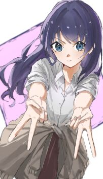 &gt;:) 1girl alternate_costume blue_eyes blue_hair blush border brown_skirt cardigan cardigan_around_waist closed_mouth clothes_around_waist collared_shirt commentary cowboy_shot double_v dress_shirt grey_cardigan gyaru heisei_gals!!!!_(love_live!) highres kogal link!_like!_love_live! looking_at_viewer love_live! murano_sayaka outside_border pink_background school_uniform shirt simple_background skirt sleeves_rolled_up smile v v-shaped_eyebrows virtual_youtuber white_border white_shirt zen66574227