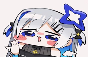 1girl :d amane_kanata amane_kanata_(work) angel_wings black_dress blue_eyes blue_hair blue_halo blush_stickers chibi chibi_only colored_inner_hair dress feathered_wings frilled_dress frills grey_hair hair_ornament hairclip halo highres hololive index_finger_raised jewelry kakue_gaku long_hair mini_wings multicolored_hair necklace no_headwear no_jacket official_alternate_costume official_alternate_hair_length official_alternate_hairstyle open_mouth simple_background single_hair_intake sleeveless sleeveless_dress smile solo star_(symbol) star_halo star_necklace thick_outlines tilted_halo two_side_up upper_body virtual_youtuber white_wings wings