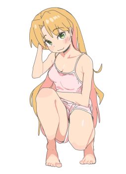 1girl 4uys armpit_crease bare_arms bare_legs bare_shoulders barefoot blonde_hair blush_stickers breasts camisole cleavage closed_mouth collarbone commentary_request full_body green_eyes hand_in_own_hair hand_up head_tilt highres long_hair looking_at_viewer parted_bangs pink_camisole pink_shorts ruri_no_houseki shorts simple_background small_breasts smile solo squatting tanigawa_ruri white_background