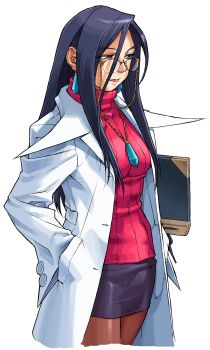 Rule 34 | 1girl, absurdres, black hair, coat, cropped legs, earrings, edaki shin'ya, from side, game cg, glasses, hand in pocket, highres, holding, jewelry, justice gakuen, lab coat, legs apart, lipstick, long hair, makeup, minazuki kyoko, moero! justice gakuen, necklace, non-web source, official art, open clothes, open coat, pantyhose, pencil skirt, ribbed sweater, simple background, skirt, smile, solo, sweater, teacher, turtleneck, turtleneck sweater, white background