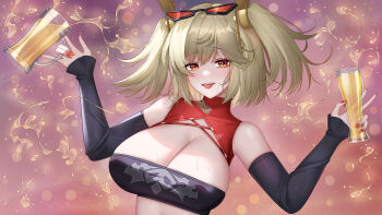 Rule 34 | 1girl, ayi01, bare shoulders, blonde hair, breasts, burnice white, cleavage, cup, detached sleeves, drinking glass, eyewear on head, fingernails, glasses, highres, holding, holding cup, looking at viewer, nail polish, orange eyes, red nails, solo, teeth, tongue, tongue out, upper teeth only, zenless zone zero