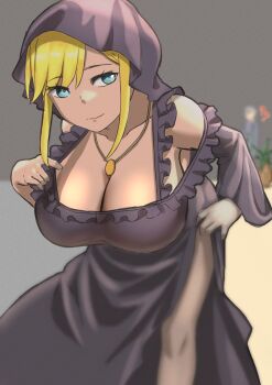 1girl absurdres alice_lendrott black_dress black_veil blonde_hair blue_eyes breasts cleavage closed_mouth clothes_lift collarbone dot_nose dress dress_lift eyelashes feet_out_of_frame frilled_dress frills hand_on_own_hip highres jewelry large_breasts leaning_forward lifting_own_clothes light_smile long_sleeves looking_at_viewer mycl necklace off-shoulder_dress off_shoulder pulling_own_clothes shinigami_bocchan_to_kuro_maid sidelocks smile solo standing swept_bangs teasing thighs top_pull veil wide_sleeves