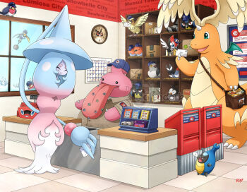 >_< amazon_(company) analog_clock aqua_eyes artist_name berry_(pokemon) bird blue_hat blue_sky box brown_bag brown_shirt calendar_(object) cardboard_box clock closed_eyes closed_mouth collared_shirt commentary counter day dragonite english_commentary envelope eyelashes fangs flailing fletchling flying gen_1_pokemon gen_2_pokemon gen_3_pokemon gen_4_pokemon gen_5_pokemon gen_6_pokemon gen_7_pokemon gen_8_pokemon hat hatterene head_wings holding holding_envelope hoothoot horns indoors karrablast long_tongue looking_inside lum_berry mailbag mega_dragonite mega_pokemon motion_lines nintendo nostrils open_mouth package pidgey pidove pikipek pokemon pokemon_(creature) pokemon_focus post_office postage_stamp postbox_(outgoing_mail) rookidee rotom sbow shirt short_sleeves signature single_horn sky smile standing starly straw_(stalk) taillow thecalendork themed_object tile_floor tiles tongue tongue_out tree very_long_tongue wall_clock watermark wattrel window wings