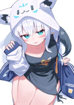 1girl :p absurdres animal_ears aqua_eyes black_jacket black_shirt blue_jacket character_hood character_print clothing_cutout commentary_request deaver fox_ears fox_tail hair_between_eyes hand_up highres hip_vent hololive hood hood_up hooded_jacket jacket knees_out_of_frame long_hair long_sleeves looking_at_viewer loungewear no_pants official_alternate_costume open_clothes open_jacket pentagram print_shirt raglan_sleeves seiza shirakami_fubuki shirakami_fubuki_(loungewear) shirt side-tie_shirt simple_background sitting sleeves_past_wrists solo sukonbu_(shirakami_fubuki) tail tongue tongue_out virtual_youtuber white_background white_hair white_sleeves