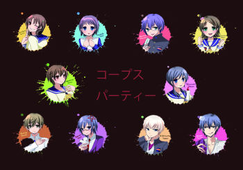 Rule 34 | 4boys, 6+girls, :p, bad id, bad pixiv id, black background, blonde hair, blue eyes, blue hair, brown eyes, brown hair, candle, cellphone, character name, corpse party, curly hair, glasses, green eyes, green hair, grin, hair bobbles, hair ornament, hairband, hairclip, hairpin, headband, jacket, jacket over shoulder, kishinuma yoshiki, kizami yuuya, long hair, mochida satoshi, mochida yuka, morishige sakutarou, multiple boys, multiple girls, nakashima naomi, one eye closed, open mouth, paper doll, phone, purple hair, raimun, saenoki naho, school uniform, serafuku, shinohara seiko, shinozaki ayumi, short hair, short twintails, smile, suzumoto mayu, tongue, tongue out, translated, twintails, unworn jacket, wink