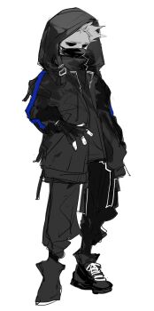 Rule 34 | 1boy, alternate costume, animification, bad id, bad twitter id, eddsworld, fingerless gloves, gloves, highres, hollow eyes, hood, hood up, hooded jacket, inactive account, jacket, long sleeves, male focus, mask, monochrome, mouth mask, nana (ebitokanimiso), open clothes, open jacket, painttool sai (medium), pants, shoes, short hair, simple background, sketch, sneakers, solo, spiked hair, techwear, tom (eddsworld), white background