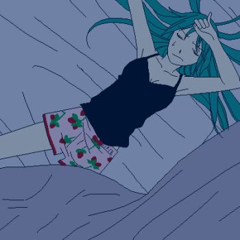 Rule 34 | 00s, 1girl, bed, boxers, female focus, food print, fruit print, gesunohana, green hair, hair spread out, higurashi no naku koro ni, long hair, lowres, lying, male underwear, mu-ko, oekaki, on back, on bed, shirt, sleeping, solo, sonozaki shion, strawberry print, t-shirt, underwear