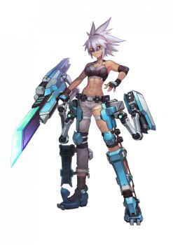1girl armpits artist_request asymmetrical_legwear asymmetrical_pants bare_shoulders belt belt_pouch black_belt blue_eyes boots bra brown_boots brown_gloves collarbone dog_tags elbow_pads final_gear fingerless_gloves frown gloves grey_hair hair_between_eyes hair_tie hip_bones holding holding_sword holding_weapon knee_pads looking_at_viewer mackenzie_(final_gear) mecha_musume mechanical_foot mechanical_legs midriff mismatched_legwear mismatched_pants multicolored_bra multicolored_gloves navel official_art pants ponytail pouch purple-framed_eyewear scar scar_on_arm scar_on_face scar_on_leg scar_on_stomach see-through_bra see-through_clothes short_shorts shorts sidelocks single_elbow_pad solo standing strap sword tachi-e third-party_source transparent_background underwear v-shaped_eyebrows weapon zipper zipper_pull_tab