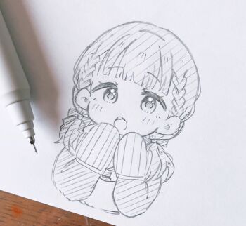 Rule 34 | 1girl, :o, art tools in frame, braid, center-flap bangs, commentary request, graphite (medium), greyscale, hair ribbon, highres, kachimachi kosuzu, link! like! love live!, love live!, low twintails, mechanical pencil, monochrome, open mouth, oven mitts, pencil, photo (medium), ribbon, round teeth, side braids, simple background, solo, teeth, traditional media, twintails, upper teeth only, virtual youtuber, wataame. (rubytan 25), white background