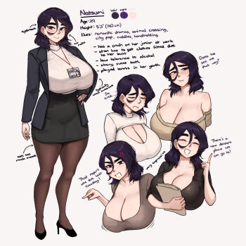 1girl black_skirt blush book breasts brown_sweater character_name character_profile reference_sheet cleavage color_guide english_text multiple_expressions full_body hair_between_eyes highres holding holding_book huge_breasts id_card lanyard medium_hair mole mole_under_mouth natsumi_(roresu) notes off-shoulder_sweater off_shoulder office_lady original pantyhose pencil_skirt purple_eyes purple_hair ribbed_sweater roresu shoes simple_background skirt smile standing sweater thick_eyebrows turtleneck turtleneck_sweater