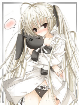 1girl ahoge akatsuki_(ggsy7885) black_panties blunt_bangs blush brown_eyes closed_mouth collarbone hair_between_eyes hair_ribbon haruka_na_sora highres holding long_hair long_sleeves looking_at_viewer panties ribbon shirt solo stuffed_animal stuffed_rabbit stuffed_toy sweat thighs twintails underwear very_long_hair white_hair white_shirt yosuga_no_sora