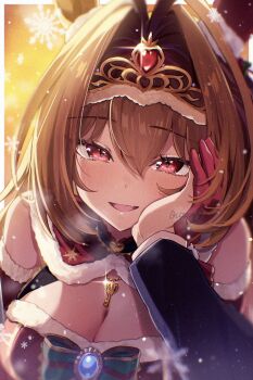 1boy 1girl blush breasts cleavage commentary_request daiwa_scarlet_(scarlet_nuit_etoile)_(umamusume) daiwa_scarlet_(umamusume) fang hand_on_another's_face highres jewelry key looking_at_viewer necklace tiara umamusume uxxxjf