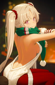 1girl 95_(jiuwujiang) absurdres back backless_outfit blonde_hair blurry blurry_background blush breasts christmas christmas_tree commentary depth_of_field english_commentary green_scarf grey_sweater hair_ornament hair_scrunchie highres laru_(snowish)_(stella_sora) laru_(stella_sora) long_hair looking_at_viewer looking_back official_alternate_costume pantyhose pink_eyes red_pantyhose ribbed_sweater scarf scrunchie sideboob sitting solo stella_sora sweater twintails very_long_hair virgin_killer_sweater