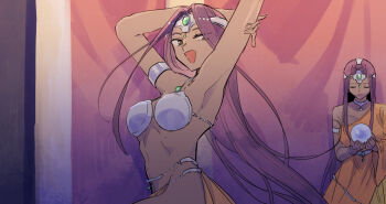 2girls :d armlet arms_up belly_chain breasts closed_eyes commentary_request cowboy_shot dancer dancing dark-skinned_female dark_skin dragon_quest dragon_quest_iv dress floating_clothes floating_hair forehead_protector fukusuu_(zeonms_06s) gem green_gemstone holding_orb jewelry large_breasts letterboxed linea_alba long_hair manya_(dq4) metal_bikini midriff minea_(dq4) multiple_girls necklace open_mouth orange_dress parted_hair partial_commentary pelvic_curtain purple_eyes purple_hair siblings silver_armlet single_sleeve sisters smile