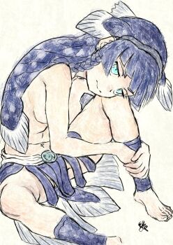 Rule 34 | 1girl, anklet, barefoot, blue eyes, blue hair, braid, braided sidelock, breasts, closed mouth, coelacanth (kemono friends), convenient arm, dark blue hair, earrings, fins, hands on own leg, head fins, head on knee, head rest, jewelry, kemono friends, kemono friends 3, kishida shiki, knee up, leaning forward, long hair, looking at viewer, medium breasts, multicolored hair, navel, sitting, sketch, skirt, solo, spread legs, stomach, toenails, toes, topless female, very long hair