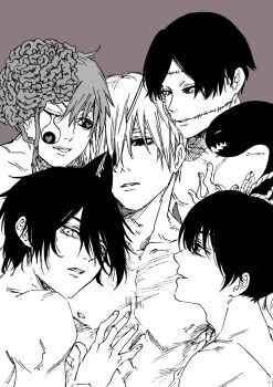 5boys brain chainsaw_man clouddhalu commentary cosmo_(chainsaw_man) dangling_eye english_commentary futakuchi-onna genderswap genderswap_(ftm) greyscale heart heart-shaped_pupils highres horns long_(chainsaw_man) looking_at_another male_focus monochrome multiple_boys nipples nude pingtsi_(chainsaw_man) polygamy quanxi's_group_(chainsaw_man) quanxi_(chainsaw_man) short_hair simple_background stitched_face stitched_mouth stitches symbol-shaped_pupils tsugihagi_(chainsaw_man) upper_body yaoi