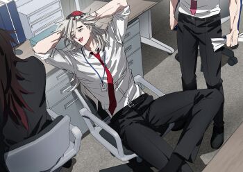 Rule 34 | 3boys, absurdres, alternate costume, arms behind head, belt, black belt, black pants, brown hair, douma (kimetsu no yaiba), grey hair, highres, kibutsuji muzan, kimetsu no yaiba, kokushibou, long hair, male focus, multiple boys, necktie, open mouth, pants, red necktie, shirt, smile, spiked hair, standing, teeth, tongue, urara0408, white shirt