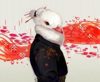 1other bird black_robe commentary_request furry grey_background hair_bun hair_ornament hair_stick nagabe original robe short_hair solo upper_body white_hair