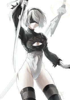 1girl 2b_(nier:automata) absurdres android armband arms_up ass black_thighhighs breasts cleavage cleavage_cutout clothing_cutout covered_eyes covered_navel cowboy_shot crotch feather-trimmed_sleeves feet_out_of_frame gloves groin hair_flowing_over hair_over_one_eye headband highres hip_bones holding holding_sword holding_weapon joihon leotard medium_breasts mole mole_under_mouth narrow_waist nier:automata nier_(series) open_mouth out_of_frame short_hair signature simple_background skin_tight skinny solo standing sword thighhighs thighs weapon white_background white_gloves white_leotard