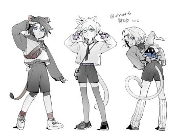 3boys :3 absurdres aged_down animal_ears bag blue_coat blue_eyes cat_boy cat_ears cat_tail character_doll claw_pose cloud_strife coat collared_shirt doll final_fantasy final_fantasy_ix final_fantasy_vii final_fantasy_viii full_body hair_between_eyes hands_on_own_hips highres hood hood_down hoodie kemonomimi_mode lily_(shio1006) limited_palette lion_boy lion_ears lion_tail loose_socks male_focus multiple_boys necktie parted_bangs scar scar_on_face scar_on_forehead shading_eyes shirt shoes shorts shoulder_bag sneakers socks spiked_hair squall_leonhart tail thighhighs vivi_ornitier white_background zidane_tribal