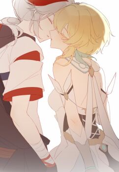 1boy 1girl bandaged_arm bandages bare_shoulders blonde_hair closed_eyes colored_eyelashes couple detached_sleeves feathers genshin_impact hetero hoxino imminent_kiss kaedehara_kazuha lumine_(genshin_impact) multicolored_hair ponytail red_hair streaked_hair white_hair