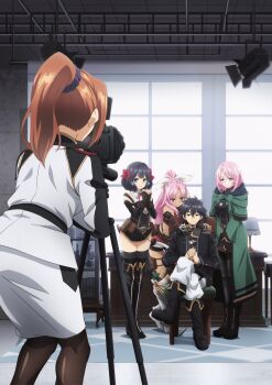 1boy 4girls absurdres belted_dress black_gloves black_hair black_jacket black_pants black_pantyhose black_shirt black_sleeves black_socks blue_eyes blush book boots camera camera_stand chair closed_mouth crossed_legs desk desk_lamp dress eva_renfield gloves green_jacket grey_eyes hair_ribbon hands_up highres hug jacket jewelry krai_andrey lamp light_brown_hair liz_smart long_hair long_sleeves looking_at_another looking_at_viewer medium_hair messy_hair multiple_girls nageki_no_bourei_wa_intaishitai official_art on_chair pants pantyhose pink_eyes pink_hair pocket_watch ponytail red_ribbon red_shorts ribbon ring serious shirt shorts sitri_smart sitting sleeveless smile socks thighhighs tino_shade very_long_hair watch white_dress white_pants white_ribbon wide_hips window