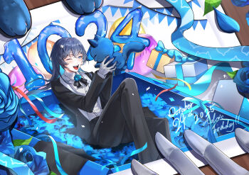 1girl absurdres ado_(utaite) adorozatorumary black_coat black_pants blue_eyes blue_flower blue_hair blue_rose blush chando_(ado) coat collared_shirt colored_inner_hair commentary dated dress_shirt english_commentary flower gift ha-chan_(ado) hair_ornament happy_birthday highres long_hair multicolored_hair object_focus one_eye_closed open_clothes open_coat open_mouth pants photo_(object) rose sanrio shirt sido_(sido_mrtsnkc) teeth upper_teeth_only utaite white_shirt