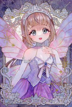 Rule 34 | 1girl, :d, bare shoulders, blush, bow, bowtie, breasts, brown hair, butterfly wings, choker, cleavage, collarbone, commentary request, detached sleeves, dress, green eyes, hand up, insect wings, long hair, long sleeves, looking at viewer, open mouth, original, painting (medium), pointy ears, purple dress, sidelocks, sleeveless, sleeveless dress, smile, solo, traditional media, upper body, watercolor (medium), white bow, white bowtie, white choker, white sleeves, white tiara, wings, yachi waki