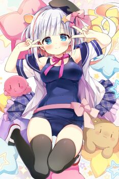 1girl bare_shoulders black_thighhighs blue_eyes blue_one-piece_swimsuit blue_sailor_collar blush bow breasts cleavage closed_mouth covered_navel double_v hair_ornament hat highres large_breasts looking_at_viewer multicolored_hair nagayama_yuunon one-piece_swimsuit open_mouth original pillow red_hair sailor_collar school_swimsuit shirt short_hair smile solo streaked_hair stuffed_animal stuffed_toy swimsuit thighhighs v white_hair white_shirt