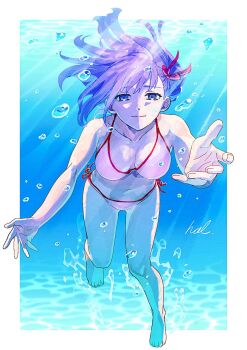 1girl air_bubble artist_name bikini blue_eyes border breasts bubble caustics closed_mouth collarbone commentary fate/stay_night fate_(series) floating_hair full_body hair_ribbon hal_(haaaalhal) highres looking_at_viewer matou_sakura medium_breasts navel outside_border pink_bikini purple_hair red_ribbon ribbon side-tie_bikini_bottom signature solo swimsuit underwater white_border