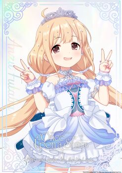 Rule 34 | 1girl, absurdres, armlet, blonde hair, double v, dress, earrings, english text, futaba anzu, hair ornament, highres, idol clothes, idolmaster, idolmaster cinderella girls, idolmaster cinderella girls starlight stage, jewelry, low twintails, nail polish, official art, open mouth, red eyes, solo, tiara, twintails, v, wrist cuffs
