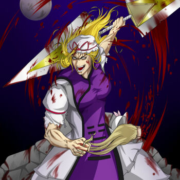 2girls anger_vein angry arm_garter blank_eyes blonde_hair blood blood_on_arm blood_on_clothes blood_on_face blood_stain bloody_weapon blue_tabard breasts chinese_clothes dark_background decapitation dress gachimuchi guro hat hat_ribbon hidaruma holding holding_another&#039;s_hair holding_detached_head holding_weapon man_face medium_breasts medium_hair mob_cap moon multiple_girls muscular muscular_female night no_sclera open_mouth red_arm_garter red_ribbon ribbon serious_business spear_the_gungnir tabard teeth touhou veins violence watatsuki_no_toyohime weapon white_dress white_hat yakumo_yukari