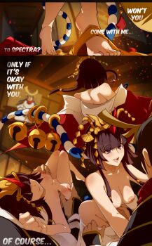 absurdres armor barefoot bell blunt_bangs blush breasts brown_eyes brown_hair closed_eyes closed_mouth dancing detached_sleeves feet grabbing_another's_breast grabbing_from_behind groping hair_ornament headdress hero_(pokemon_conquest) highres japanese_clothes kimono legs legs_up lips lipstick long_bangs makeup medium_breasts medium_hair nintendo nipple_stimulation nipple_tweak nipples nude okuni_(sengoku_musou) open_mouth orphen_(pink_seito) parted_bangs petals pokemon pokemon_conquest rope sengoku_musou sidelocks smile teeth toes undressing upper_teeth_only