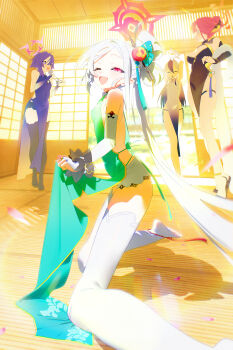 4girls :o ;d absurdres alternate_costume aru_(blue_archive) backlighting black_dress black_hair black_panties black_thighhighs blue_archive blush bm_tol breasts china_dress chinese_clothes closed_eyes commentary demon_horns dress fang fur_shawl green_dress grey_hair hair_tie hair_tie_in_mouth halo haruka_(blue_archive) highres holding holding_panties holding_underwear holding_unworn_clothes horns indoors kayoko_(blue_archive) large_breasts looking_at_viewer mouth_hold multicolored_hair multiple_girls mutsuki_(blue_archive) nose_blush one_eye_closed open_mouth panties pointy_ears problem_solver_68_(blue_archive) purple_dress purple_hair shawl small_breasts smile symbol-only_commentary tatami thighhighs two-tone_hair underwear white_thighhighs